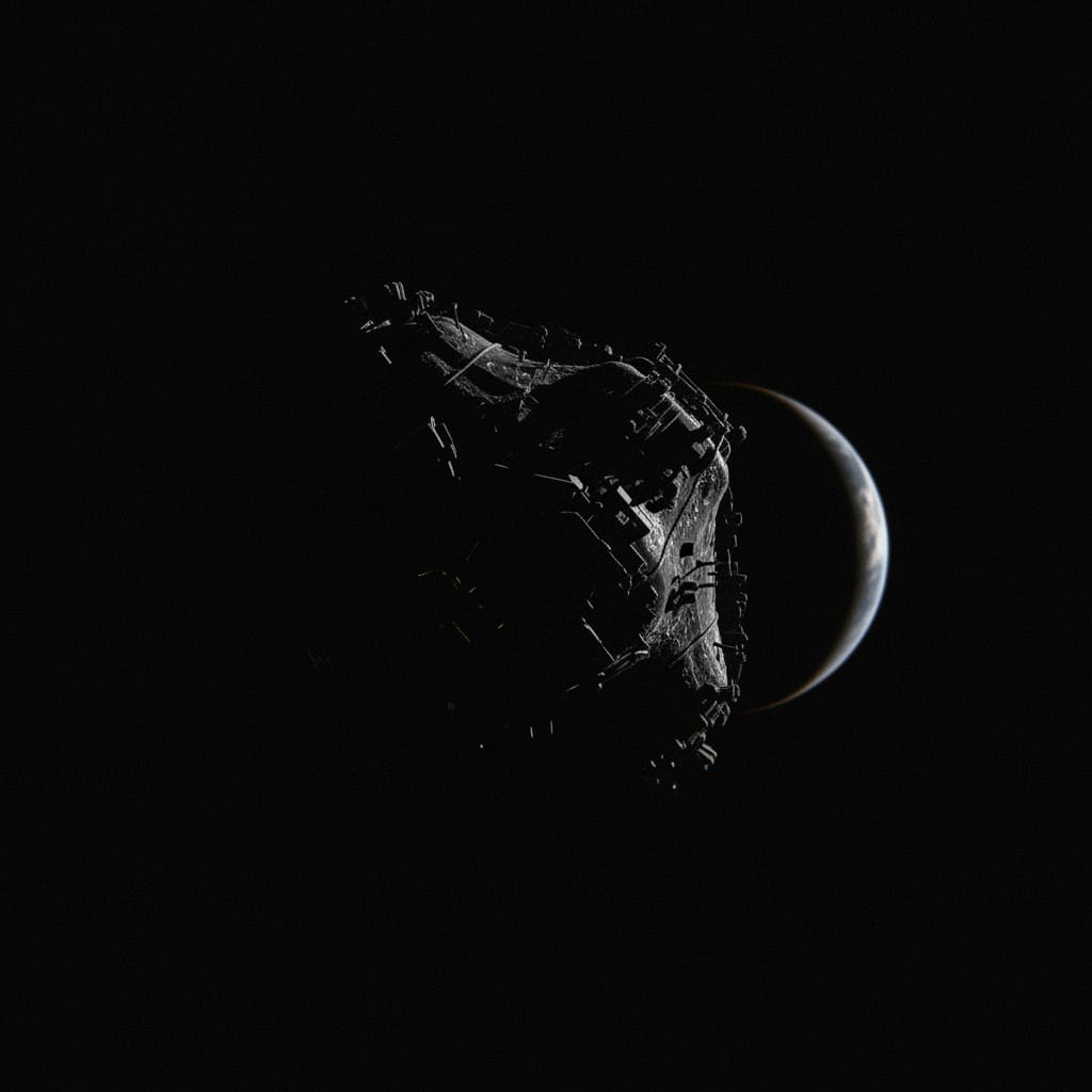 A high-contrast illustration of the Black Knight Satellite: a jagged, dark, metallic object floating silently in space against the curve of the Earth and the Milky Way