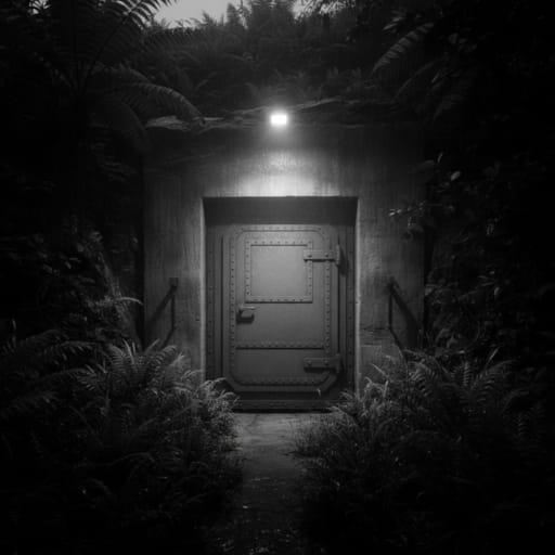 Digital illustration of a high-tech, fortified underground bunker entrance hidden within a lush tropical Hawaiian landscape, symbolizing the contrast between paradise and paranoia