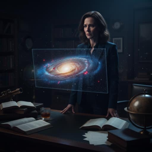 A stunning James Webb Space Telescope deep field visualization showing ancient, reddish glowing galaxies scattered against the black void of the early universe, challenging standard cosmological models