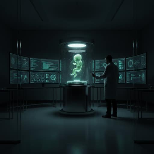 Futuristic conceptual art of a synthetic human embryo developing in a glowing artificial laboratory environment, illustrating the controversial science of stem cell-derived life without egg or sperm