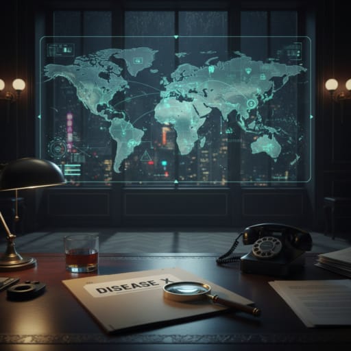 Conceptual illustration of Disease X, the WHO's placeholder for unknown future pathogens, symbolizing the race between viral evolution and global health preparedness.