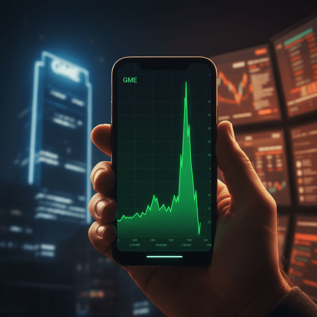 A cinematic, photorealistic image of a defiant investor holding a smartphone displaying a volatile GME stock chart, against a blurred financial district background.