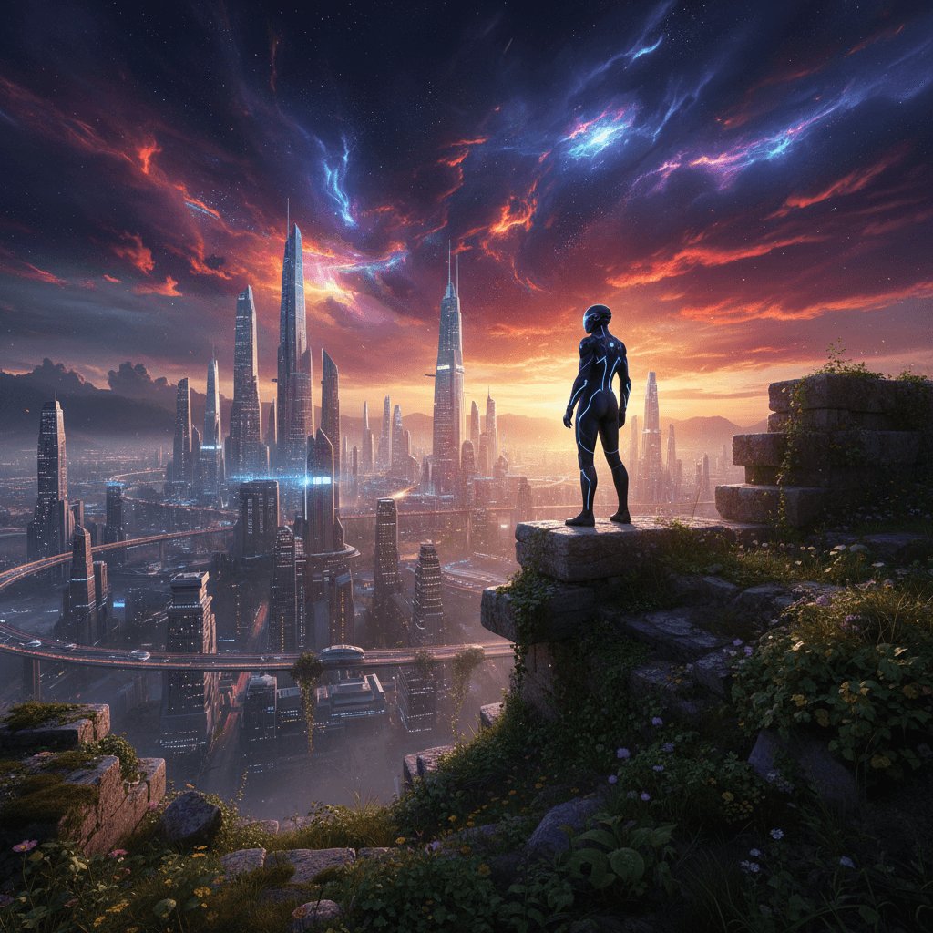 A solitary time traveler standing in ancient ruins overlooking a futuristic city under a distorted sky, blending past, present, and future.