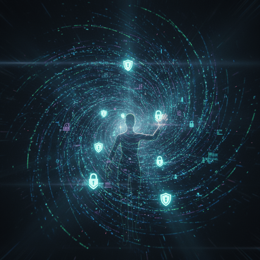 A swirling vortex of glowing digital data streams with security shield and padlock icons, representing the vastness and dangers of the digital world and the need for privacy.