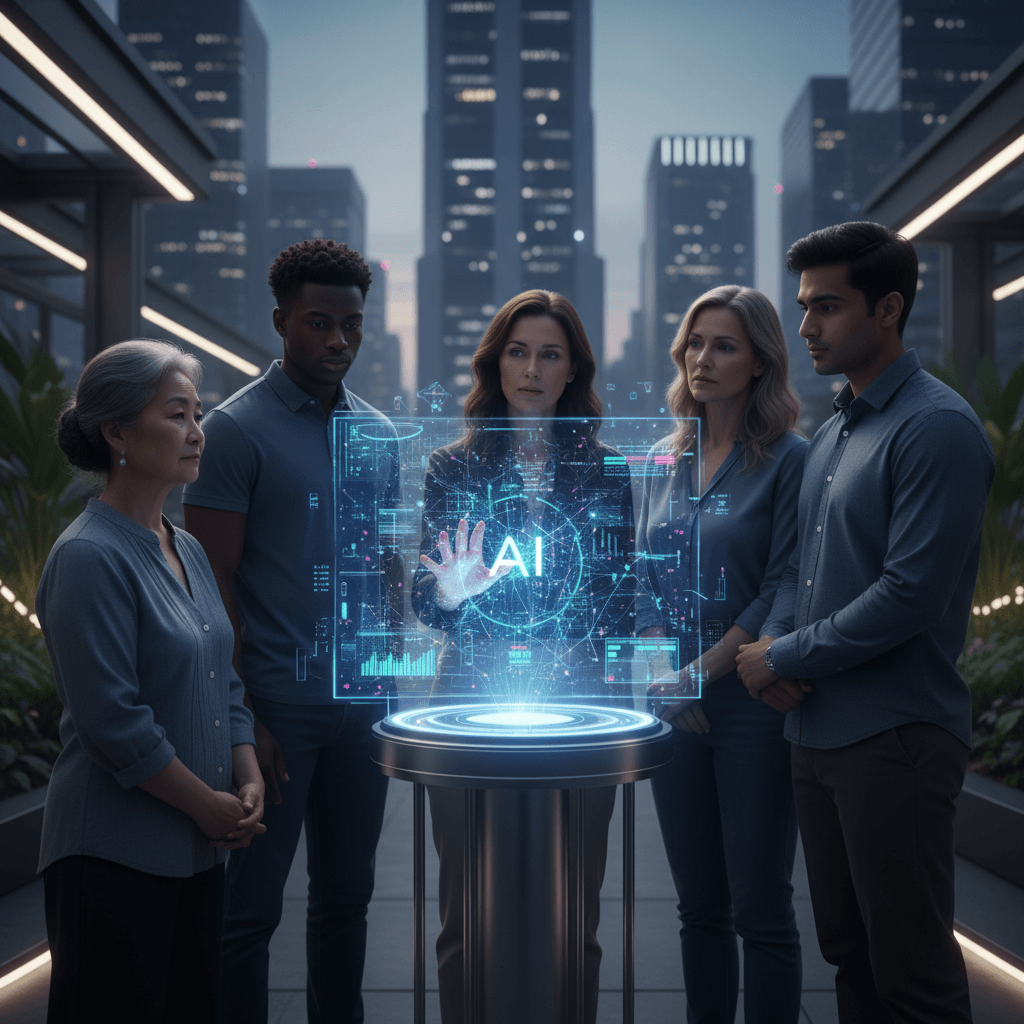 Diverse group around AI projection