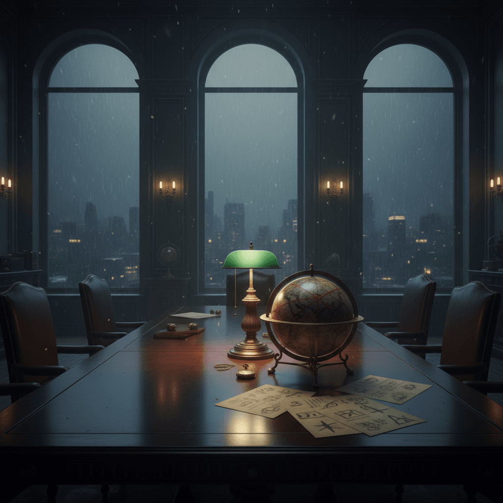 A dimly lit, opulent, decaying grand boardroom with rain streaking down tall, arched windows overlooking a sprawling cityscape at dusk. A large, polished mahogany table reflects faint light from an ornate desk lamp. Leather chairs are positioned around the table, one askew. On the table: an open, leather-bound globe with historical maps, cryptic documents with faded symbols, and a ticking pocket watch. Dust motes are visible. The mood is one of secrecy, power, and unease.